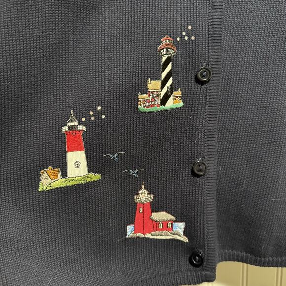 Vintage Tia Cotton Cardigan Sweater Lighthouses Coastal Navy Blue Size XL - Picture 3 of 6